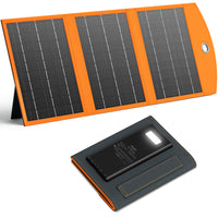 Foldable solar charger with orange trim, integrated power bank, and portable design for outdoor charging and travel use.