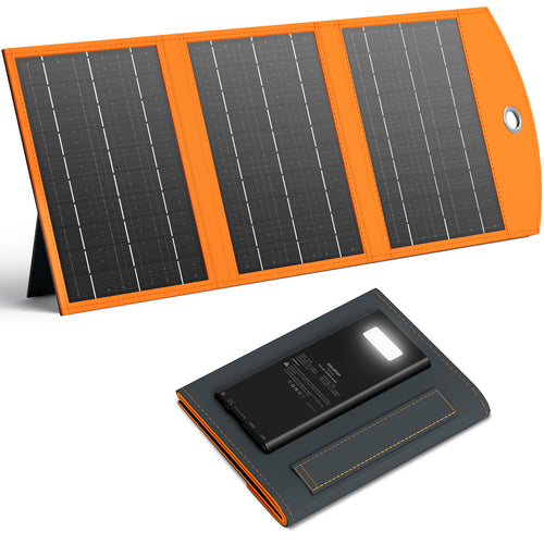 Foldable solar charger with orange trim, integrated power bank, and portable design for outdoor charging and travel use.