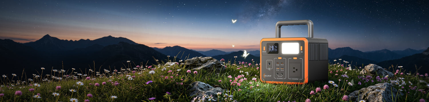 Portable power station in a scenic mountain field at dusk, ideal for camping, off-grid power, and outdoor adventures.