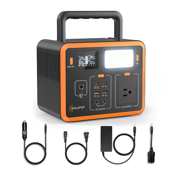 SOLUPUP portable power station with LED display, AC/DC outputs, USB ports, and accessories for outdoor use and emergency