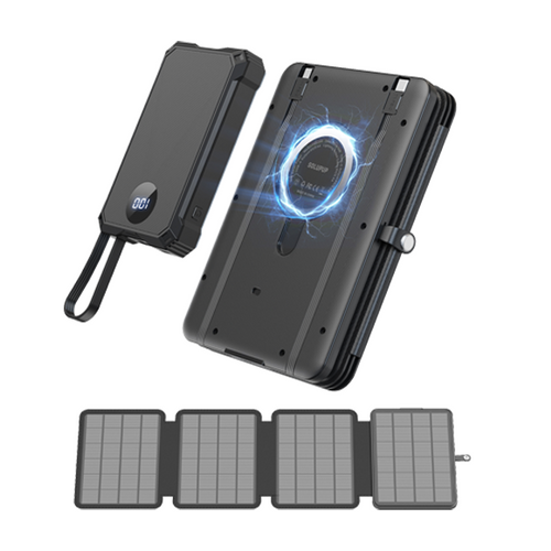 Portable solar power bank with wireless charging, foldable solar panels, LED display, durable design for outdoor use.